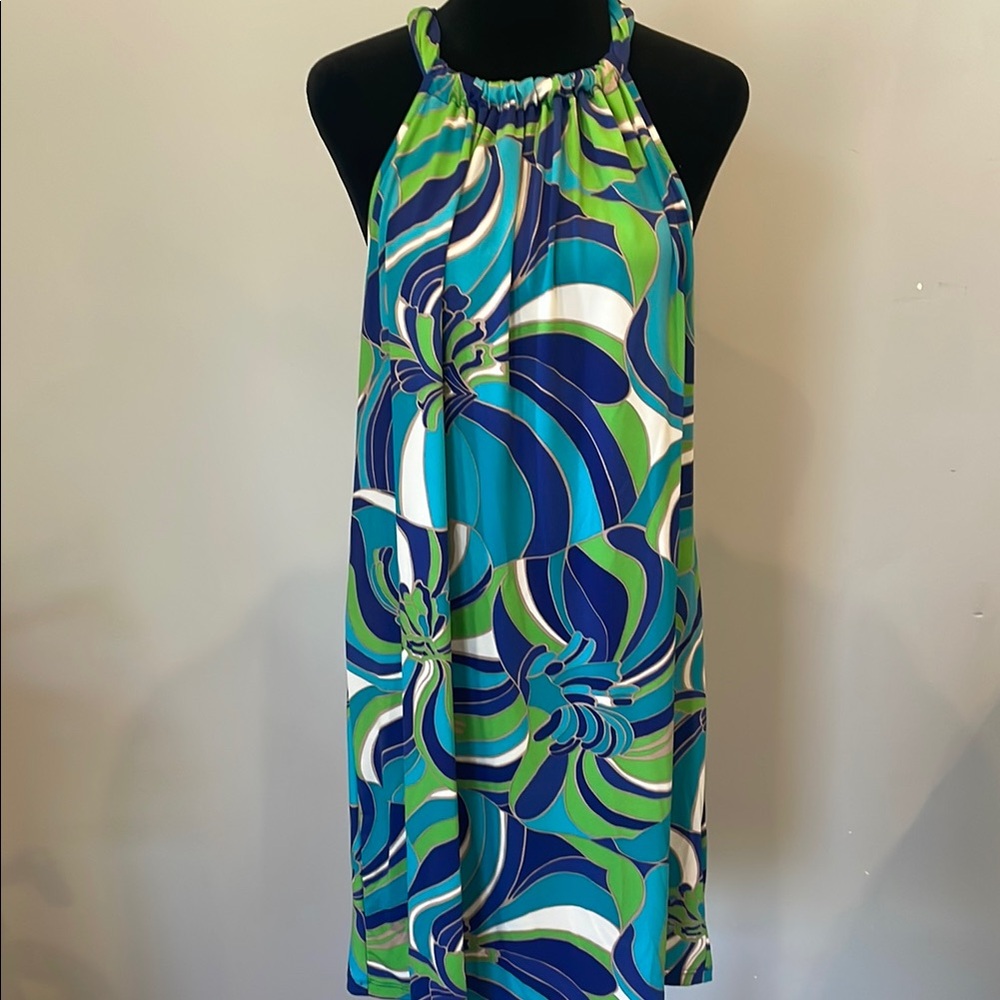 Trina Turk Blue Green White Floral Halter Midi Dress